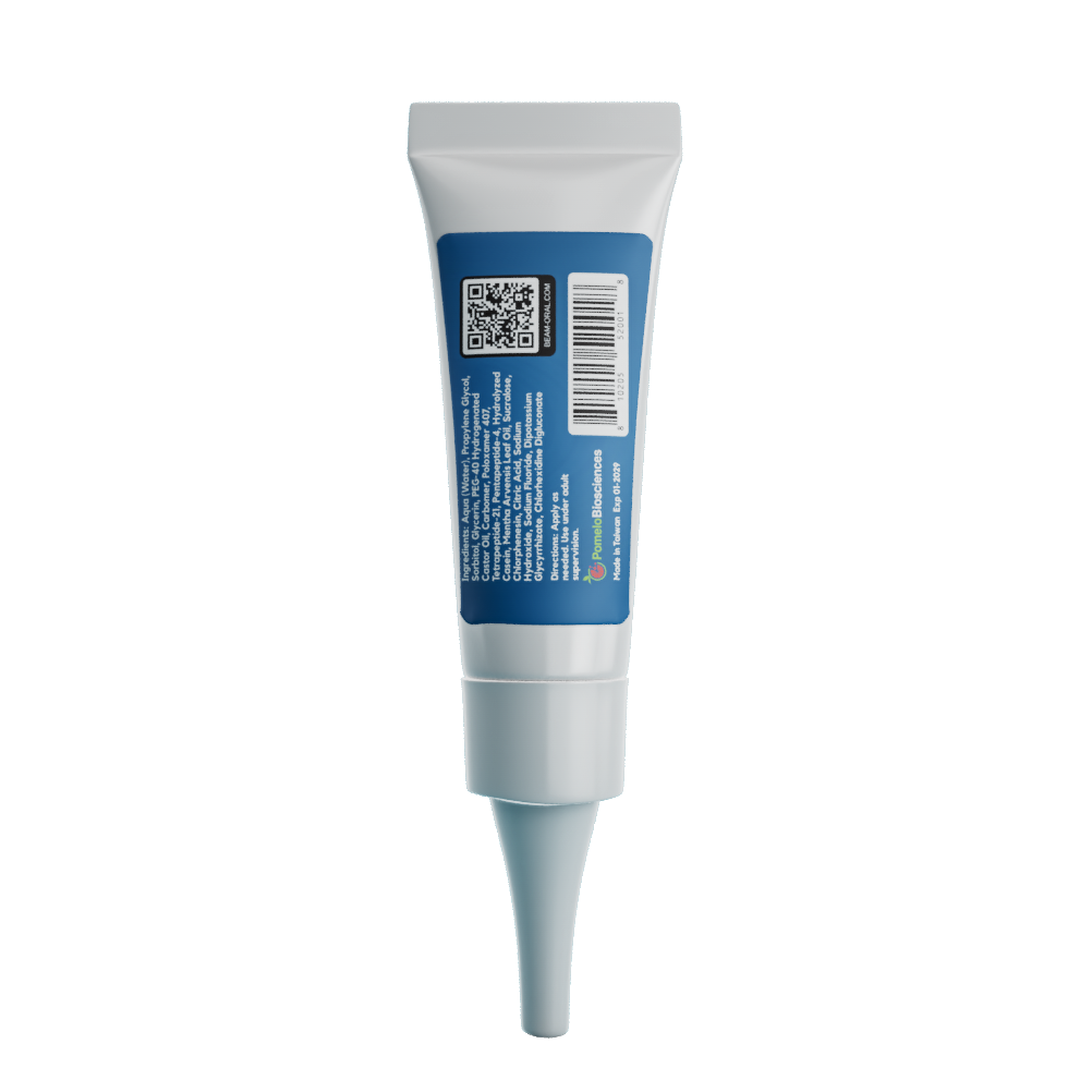 Back of PEP+ BEAM oral gel tube showing ingredients, directions, and product information