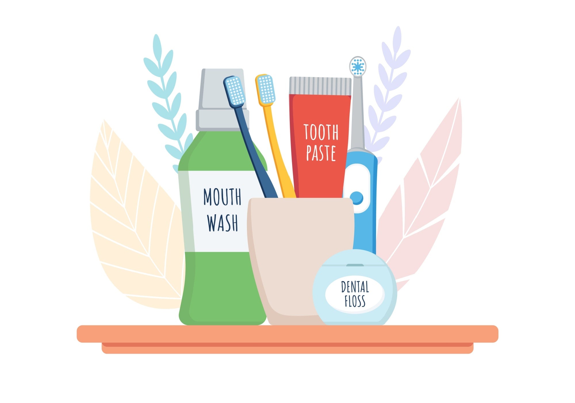 Illustration showing toothbrushes, toothpaste, mouthwash, and floss used for daily oral care