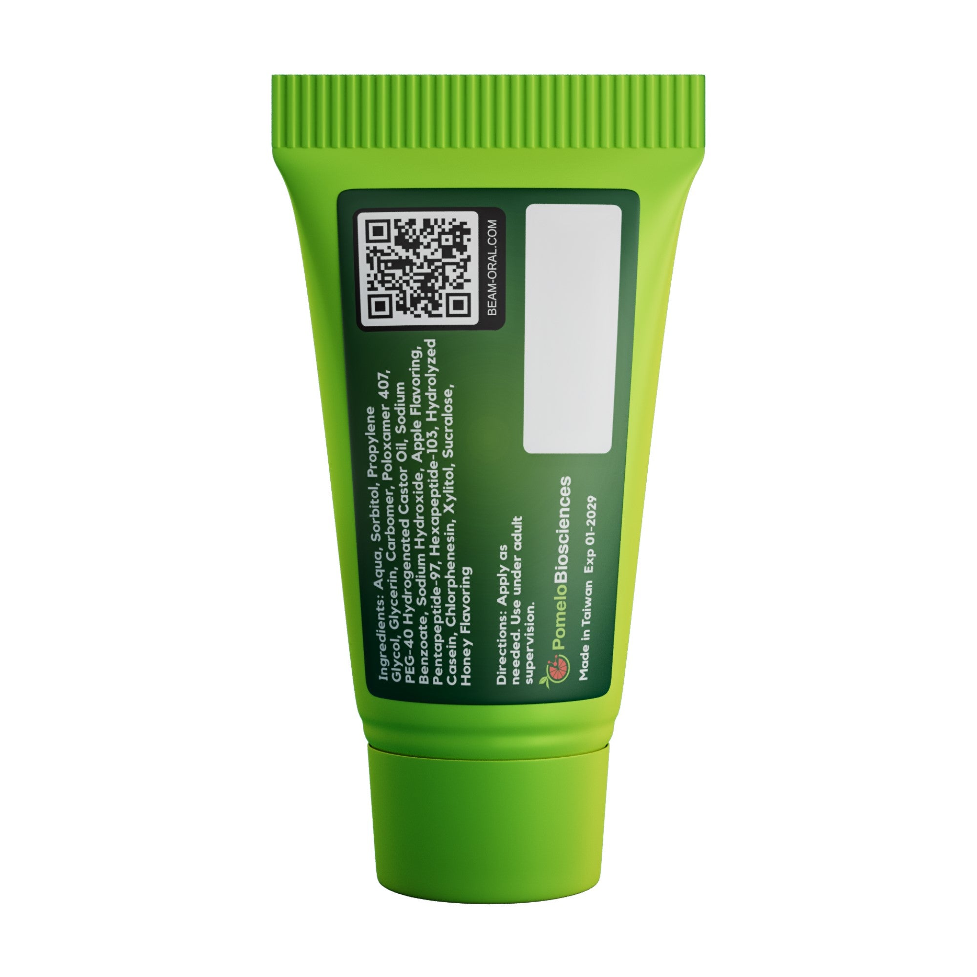Back view of BEAM 5ml apple oral gel tube with ingredients label and QR code, peptide-powered alcohol-free gel for soothing gums, oral irritation, and dry mouth relief
