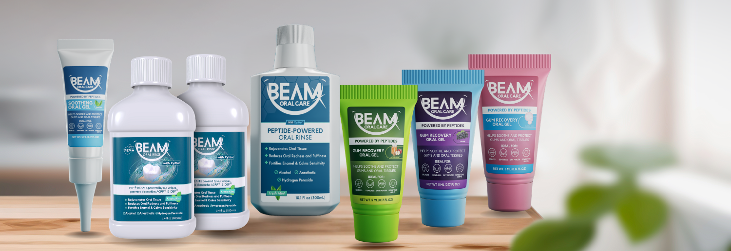 Beam Oral Care product lineup featuring peptide-powered oral rinse and gum recovery oral gel