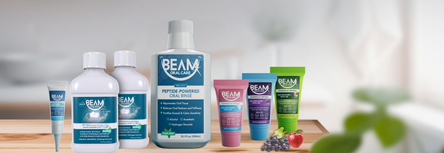 Beam Oral Care product lineup featuring peptide-powered oral rinse and gum recovery oral gel