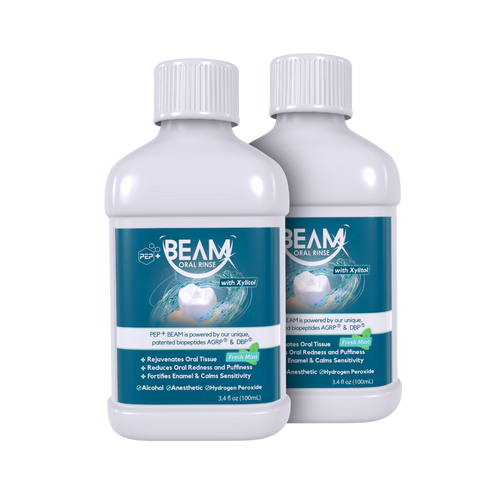 Two bottles of PEP+ BEAM concentrated oral rinse with peptides for gum health and enamel protection 100ml