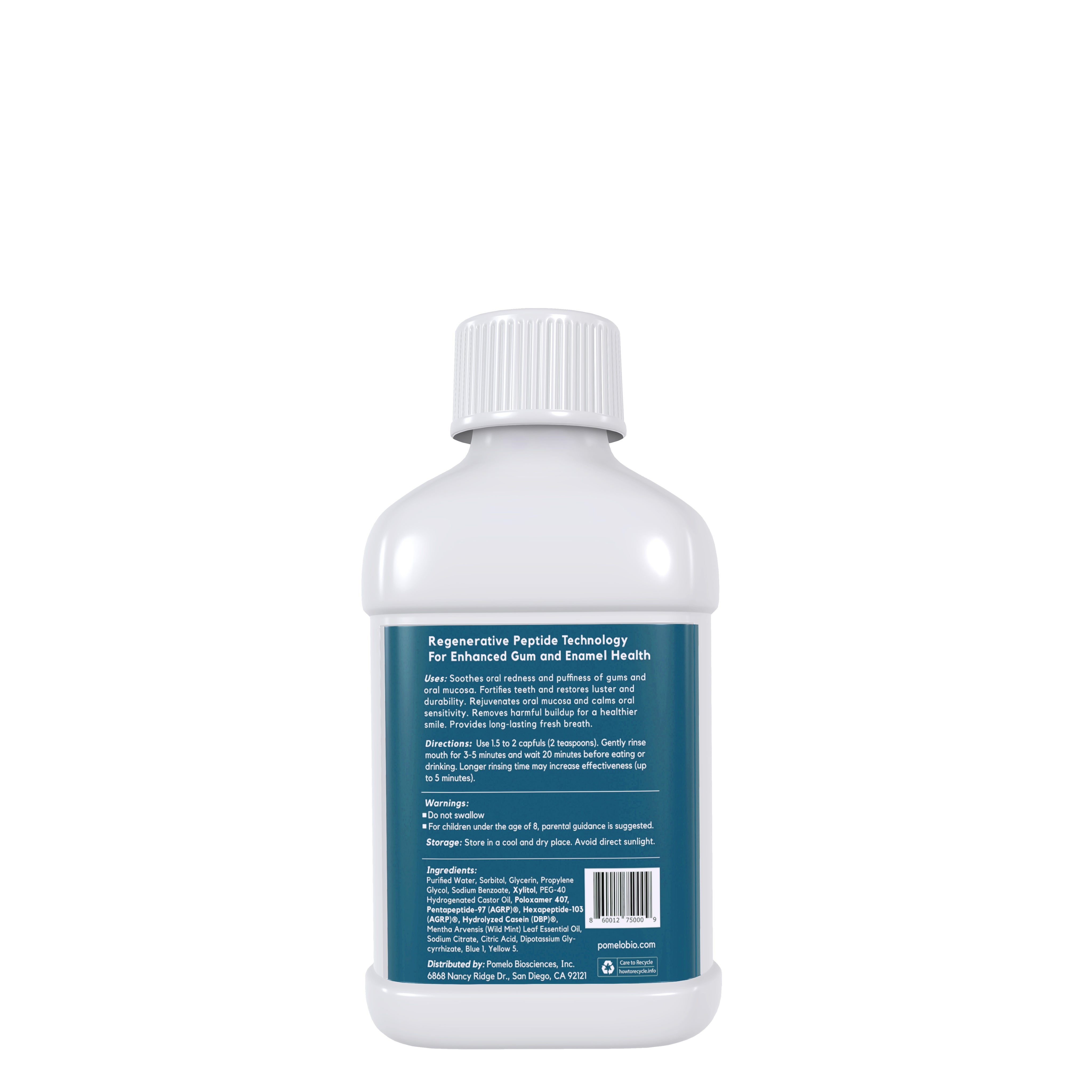 Back label of PEP+ BEAM 100 ml oral rinse showing ingredients, directions, and usage information