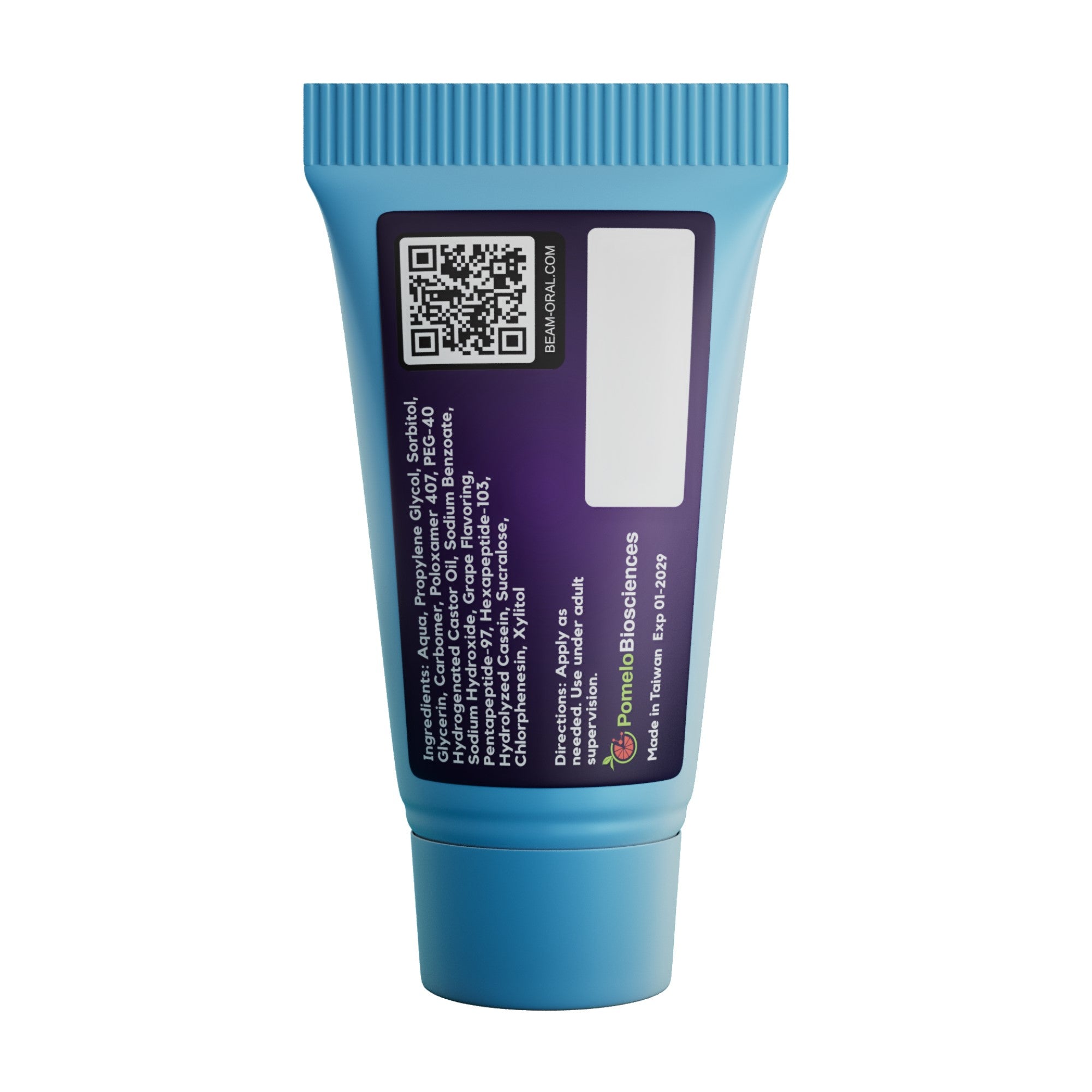 Back view of BEAM 5ml grape oral gel tube showing ingredients label and QR code, peptide-powered alcohol-free gel for soothing gums, oral irritation, and dry mouth relief