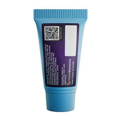Back view of BEAM 5ml grape oral gel tube showing ingredients label and QR code, peptide-powered alcohol-free gel for soothing gums, oral irritation, and dry mouth relief